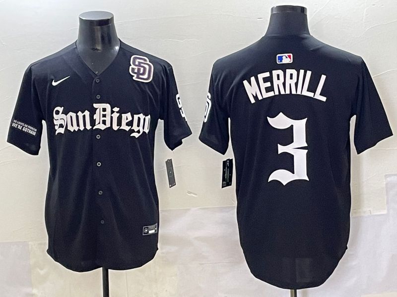 Men 2025 San Diego Padres #3 Merrill Black Five generations Joint Name Nike MLB Jersey style 17->san diego padres->MLB Jersey